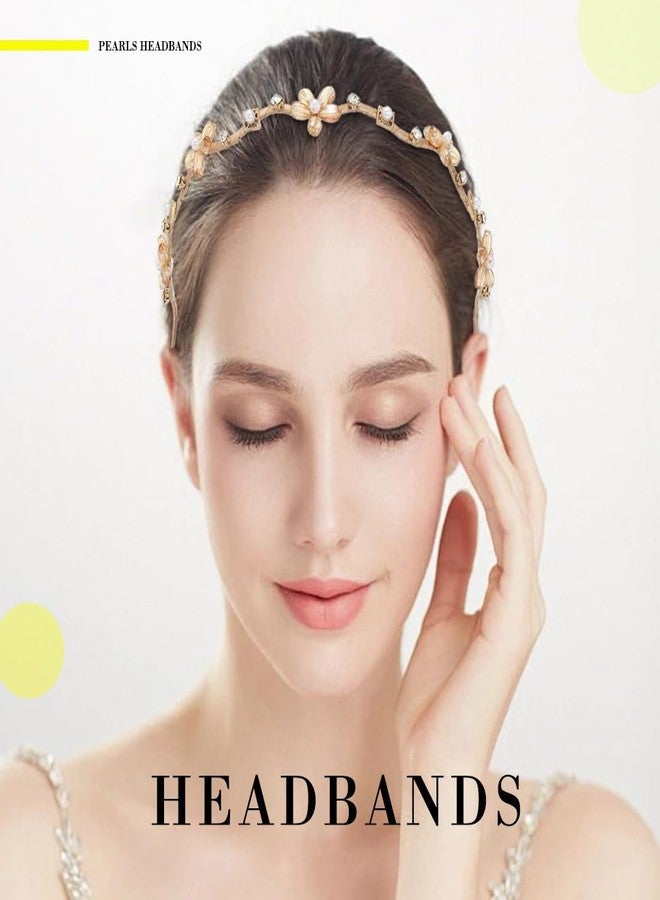 Firuilo Gold Rhinestones Headbands Crystal Pearl Flower Hair Bands Wave Thin Beaded Headbands Bride Weeding Hair Hoop for Women(Gold) - Image 5